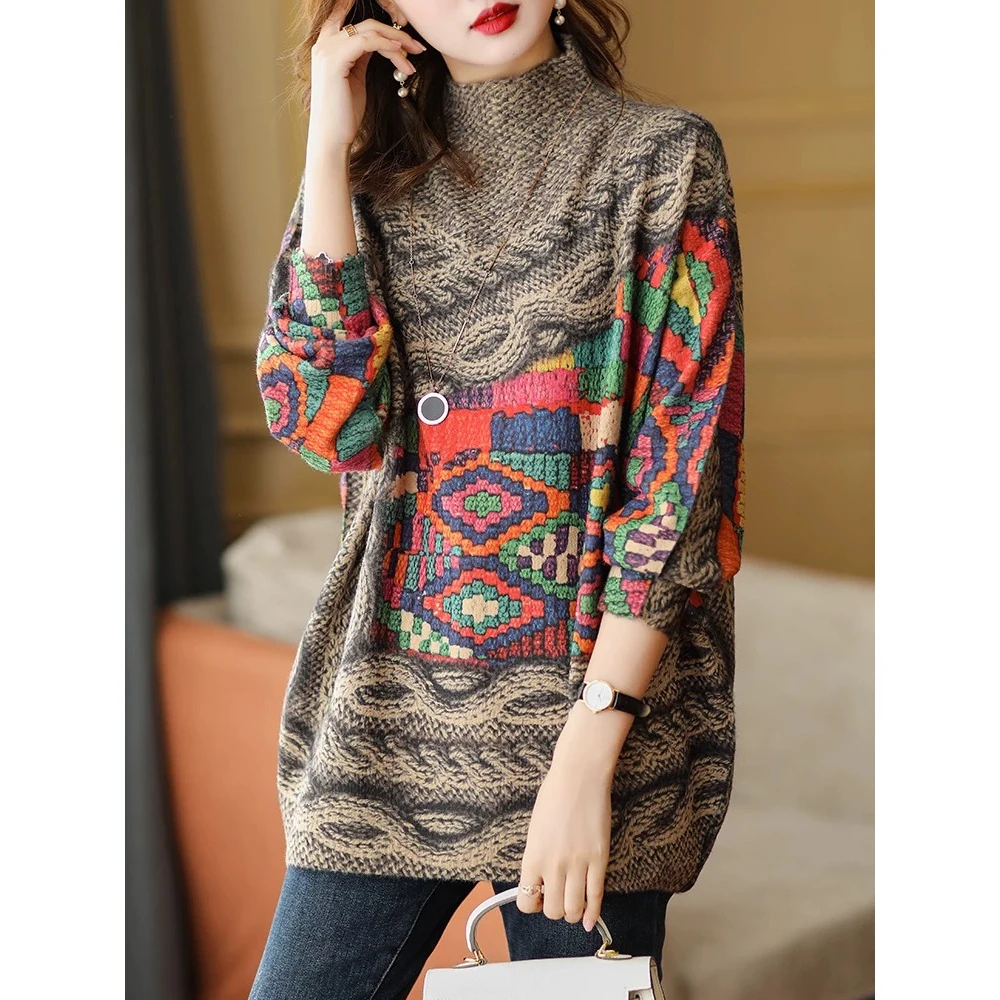 2023冬季针织复古印花毛衣新款欧洲站大码宽松柔软半高领上衣女