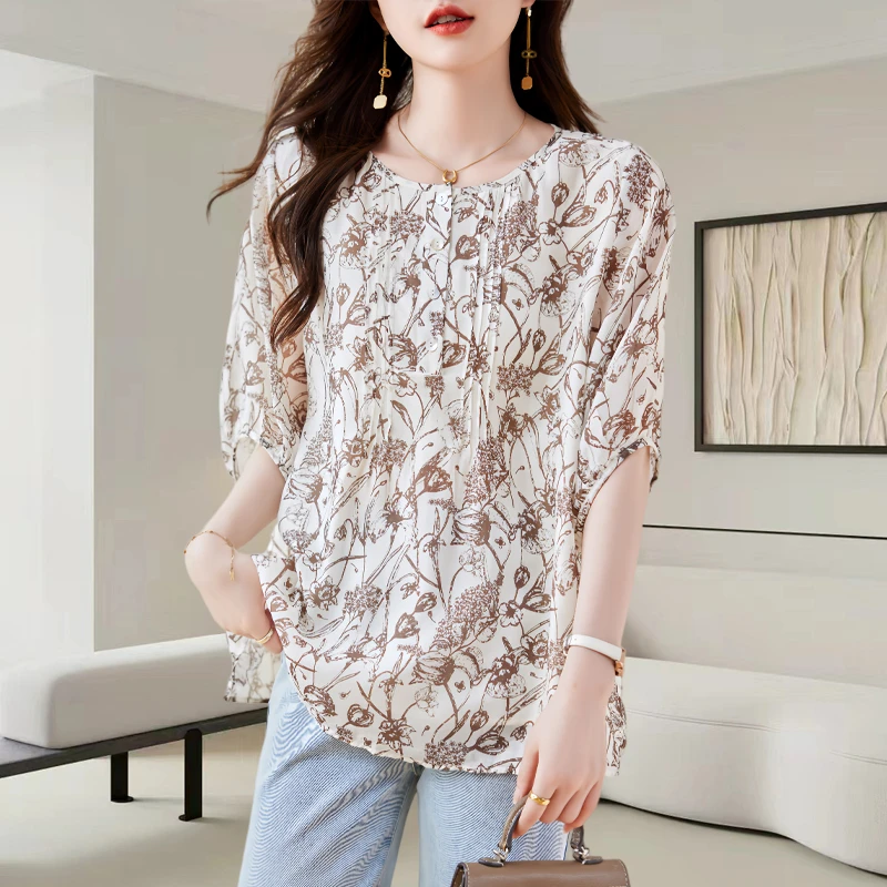 碎花雪纺衫女短袖夏季2025新款大码t恤宽松洋气高端时尚半袖上衣