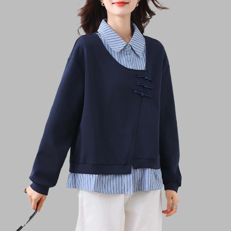 新中式假两件卫衣女2025早秋新款大码宽松休闲显瘦衬衫拼接上衣
