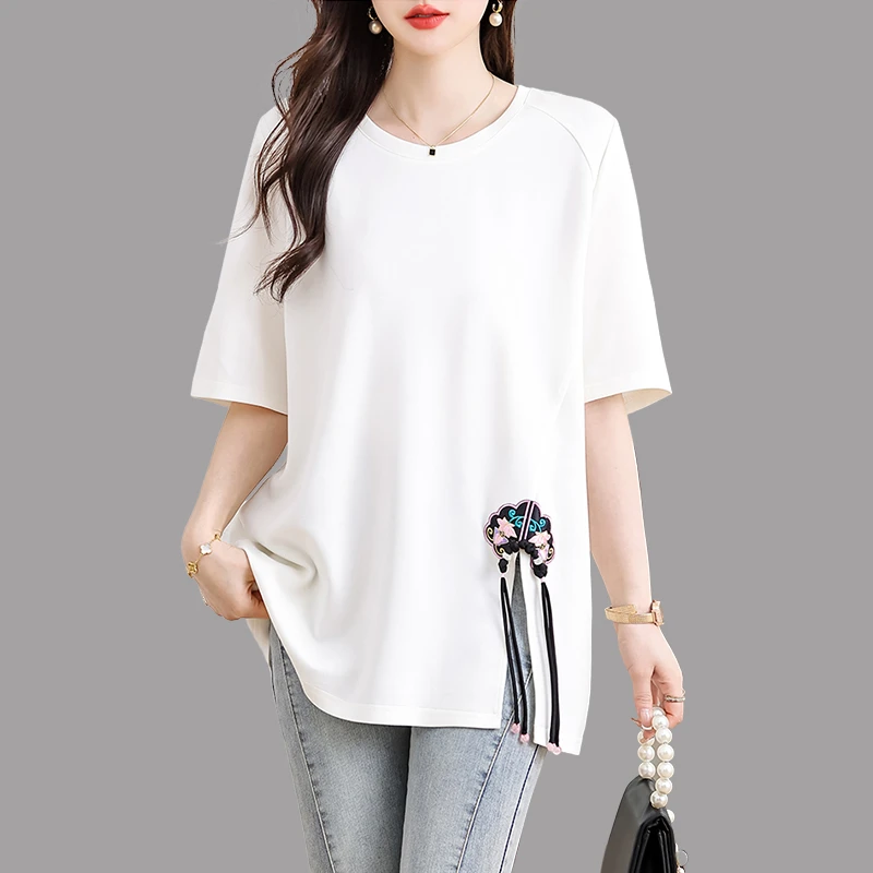 国风白色t恤女短袖2025夏新款复古盘扣大码宽松洋气显瘦百搭上衣