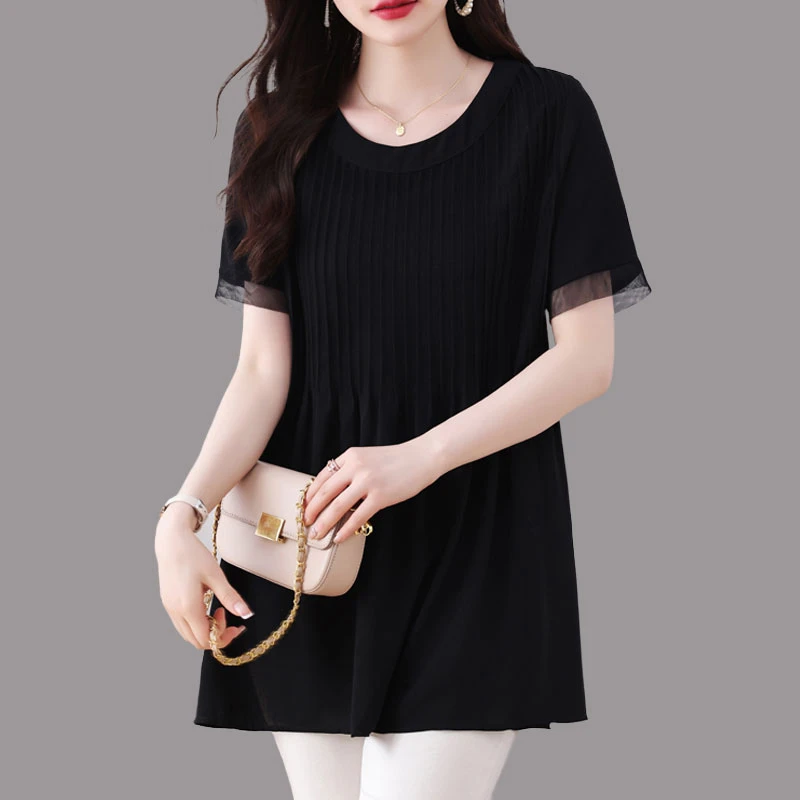 法式黑色高级感雪纺衬衫女短袖夏季装新款大码宽松遮肚子休闲上衣