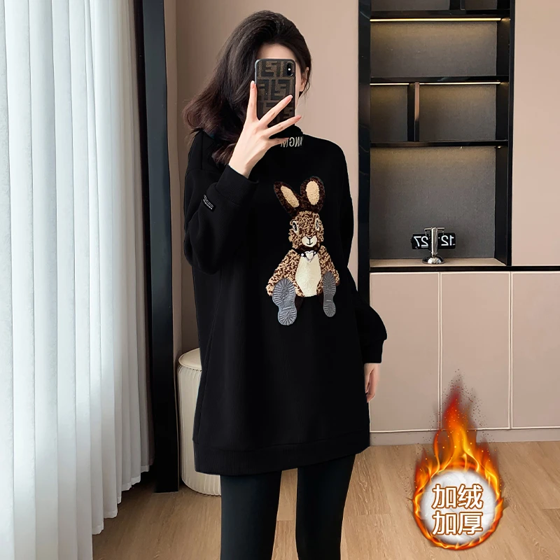 加绒卫衣女2023秋冬半高领新款时尚宽松显瘦百搭中长款保暖打底衫