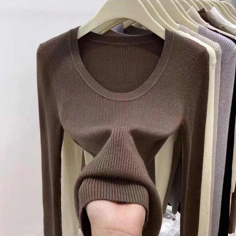 大U领针织衫女秋冬新款修身显瘦打底衫时髦内搭套头毛衣洋气上衣