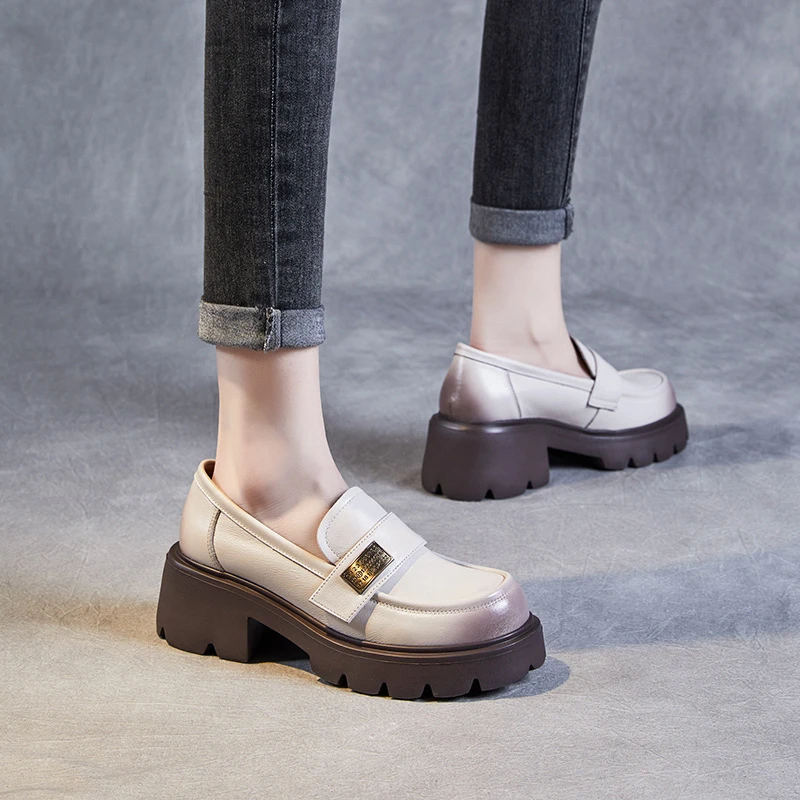 英伦风真皮厚底一脚蹬百搭圆头乐福鞋高跟春秋款鞋粗跟米色单鞋