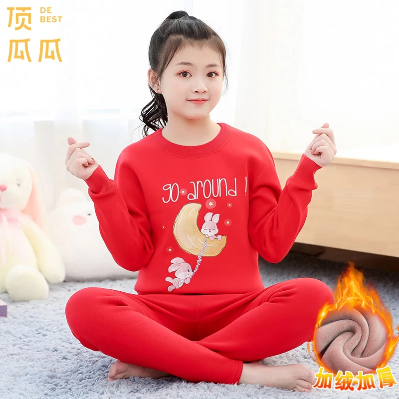 儿童保暖内衣套装男女大童大红本命年加绒加厚初中生学生红色打底