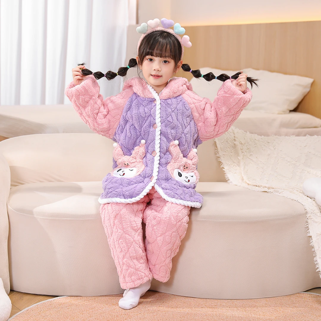 儿童冬季睡衣法兰绒男孩女孩宝宝三层加厚保暖中长款家居服套装
