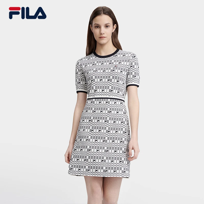 【高圆圆同款】FILA气质优雅满印时尚编织短袖连身裙F11W321313F