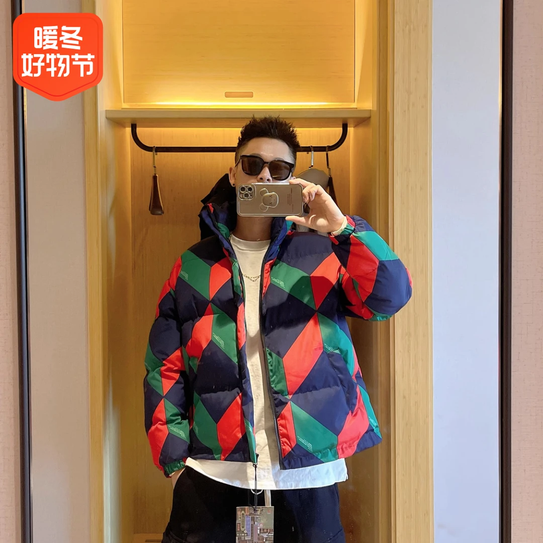 2023新款美式潮流棉衣情侣外套菱格面包短款棉服拼色潮牌男生棉服