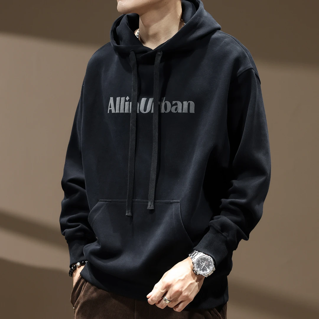 美式连帽重磅黑色卫衣男秋季字母印花长袖加绒宽松休闲打底帽衫男