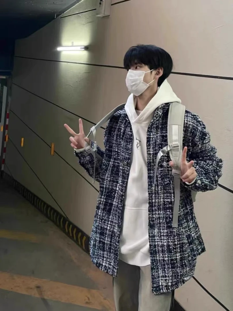 粗花呢小香风外套男秋冬款痞帅高级感oversize千鸟格编织夹克