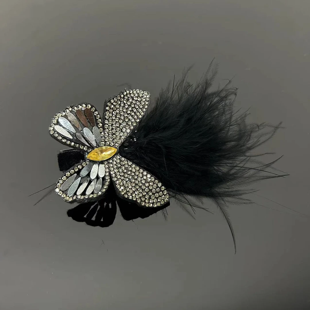 韩版轻奢发夹饰品黑色羽毛蝴蝶头饰发卡发饰边夹刘海夹