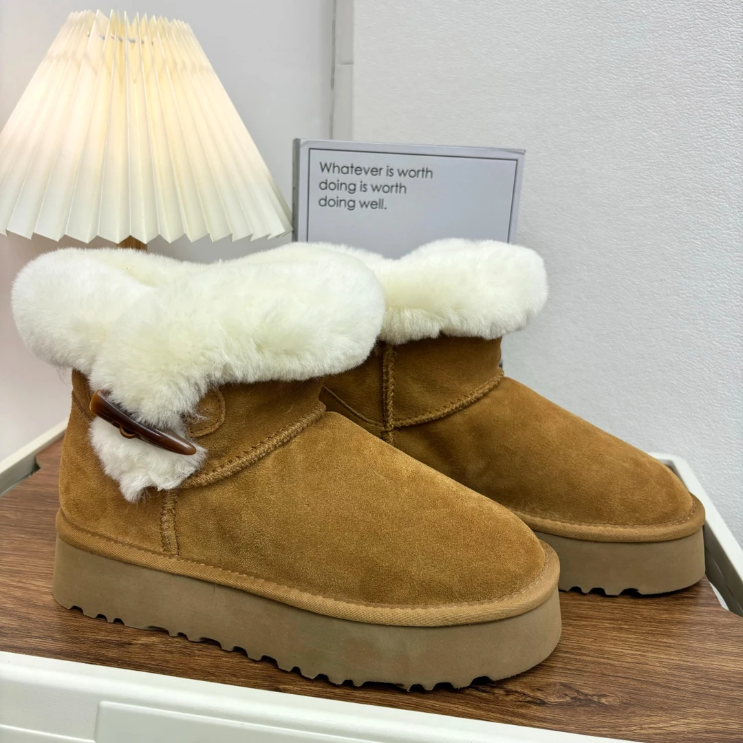 LINNRUGG桑坡总仓清清牛角扣款厚底雪地靴时尚百搭冬季爆款真皮毛