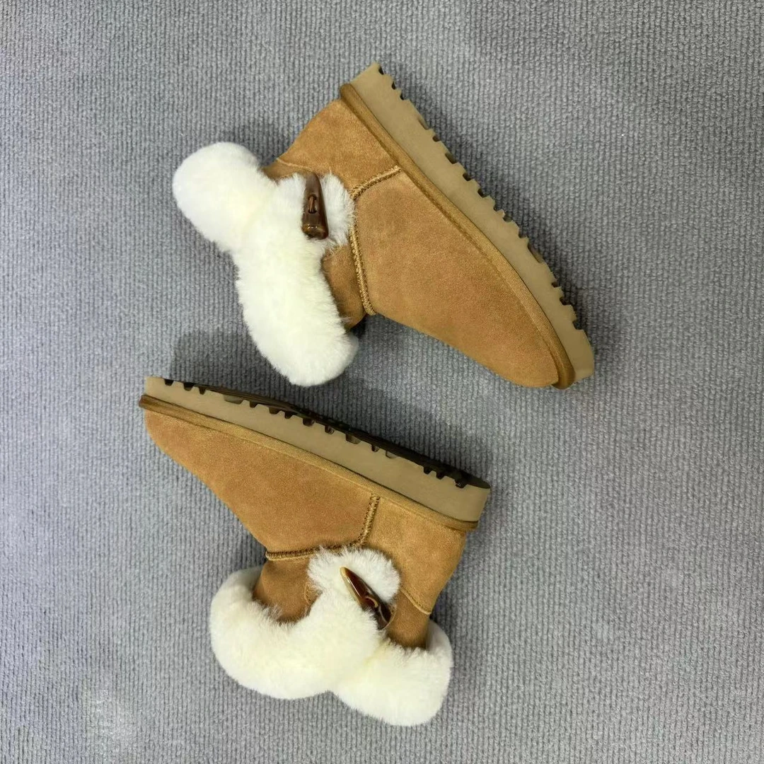 LINNRUGG工厂上新牛角扣雪地靴薄底真皮真毛雪地靴冬季百搭保暖款