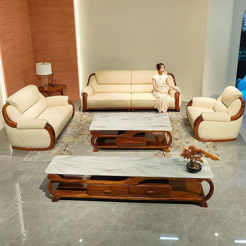 朋宏现代简约乌金木真皮沙发新中式家用客厅高档别墅头层牛皮沙发