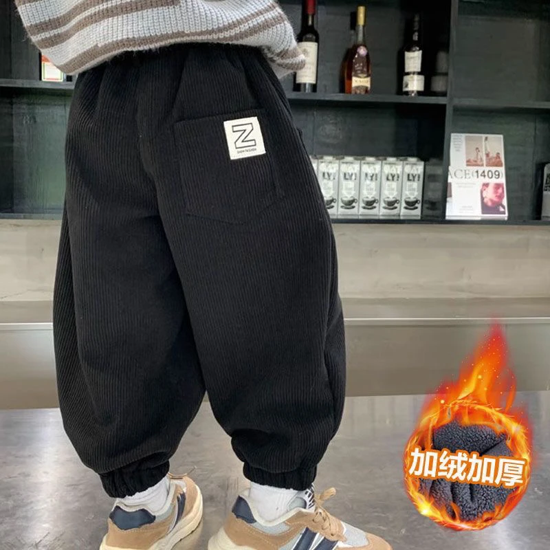 新款男童加绒灯芯绒裤子秋冬加厚保暖宝宝休闲加绒宽松休闲长裤潮