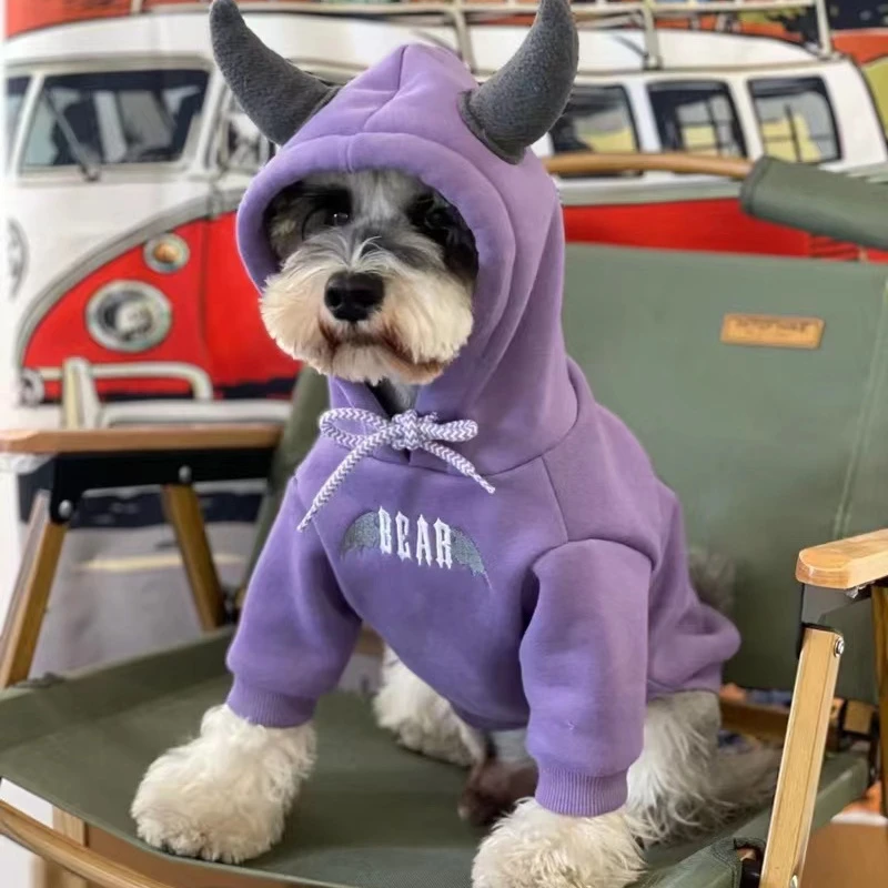 狗狗猫咪冬季衣服宠物加绒卫衣连帽牛角小怪兽加厚比熊雪纳瑞衣服