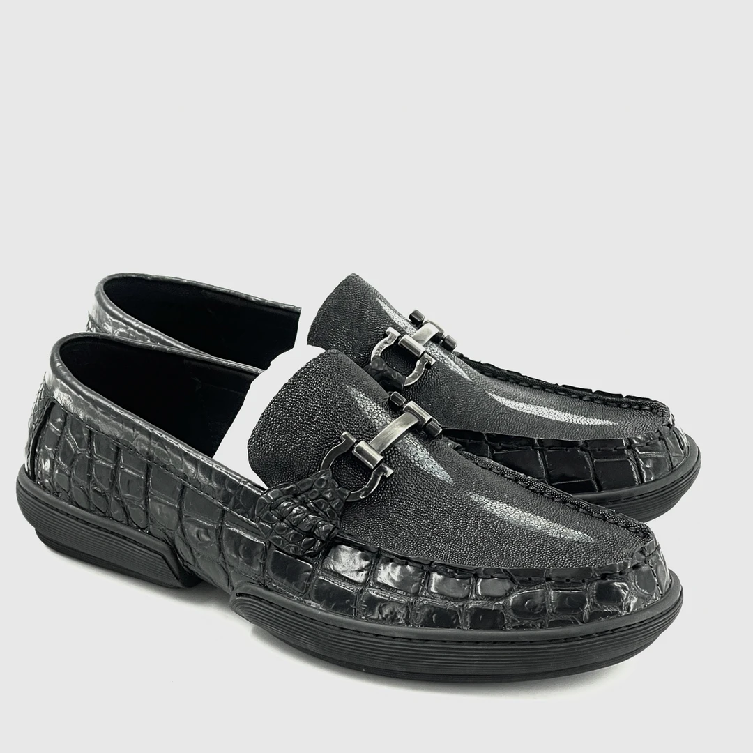 灵鼍-福利款-珍珠鱼搭配鳄鱼皮休闲鞋豆豆鞋懒人一脚蹬