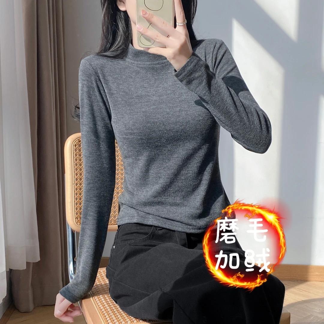 秋冬正肩小立领磨毛加绒长袖上衣女高领内搭保暖修身纯色显瘦t恤