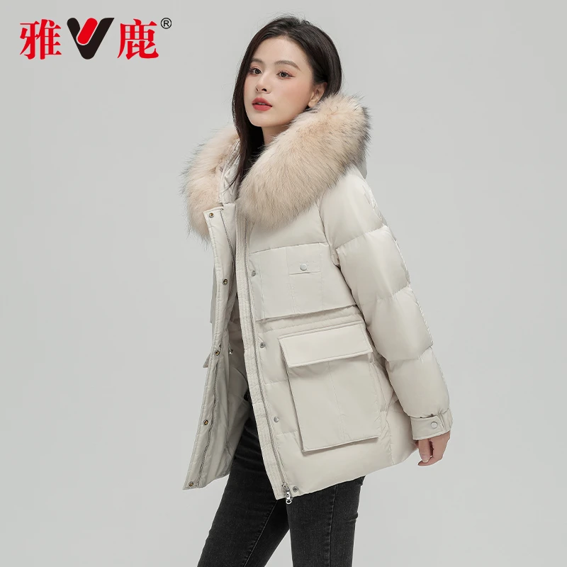 V/雅鹿【品牌奥莱】羽绒服女短款时尚冬季貉子毛领韩版显瘦冬季外套