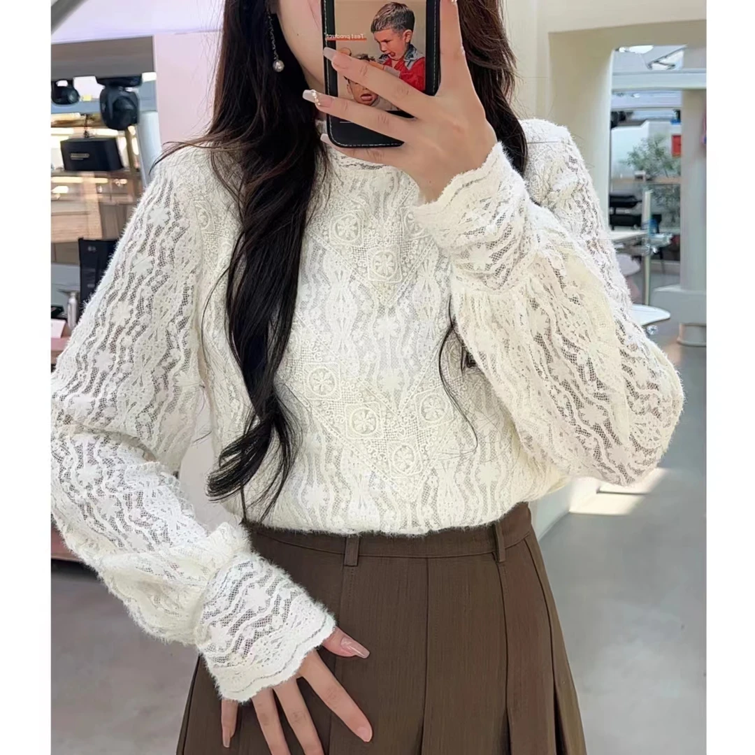 李潇洒微胖大码秋冬新款法式宫廷风半高领内搭衬衫小香蕾丝打底衫