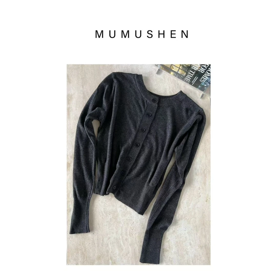 MUMUSHEN 秋极简纯色刺绣标针织毛衣开衫