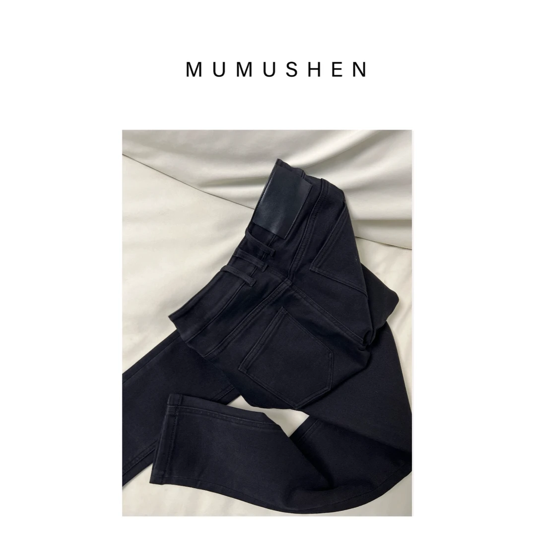 MUMUSHEN  秋冬重塑身型立裁全黑弹力薄绒小脚牛仔裤小黑裤1