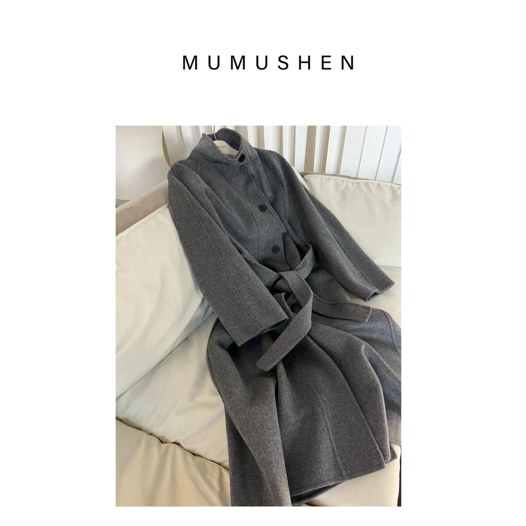 MUMUSHEN 双面全羊毛立领单排扣毛呢大衣中长款澳毛宽松毛呢外套