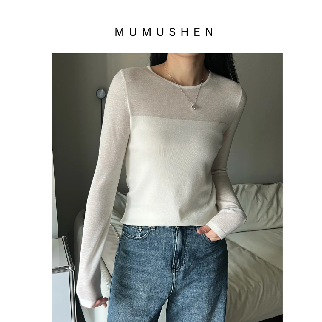 MUMUSHEN/女装推荐 时尚纯色拼接A147设计感简约针织圆领长袖衫