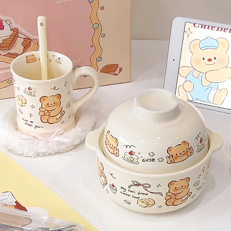 面包小熊双耳泡面碗易清洗大容量陶瓷宿舍学生可爱高颜值马克杯子