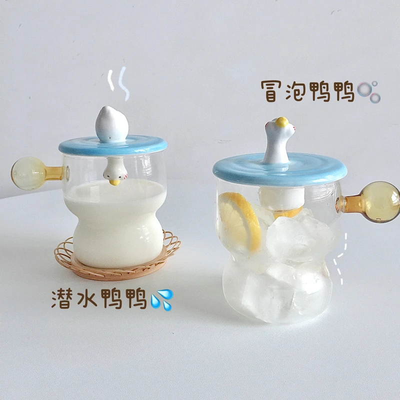 透明耐高温咖啡玻璃水杯ins风陶瓷可爱鸭盖子创意大容量情侣茶杯