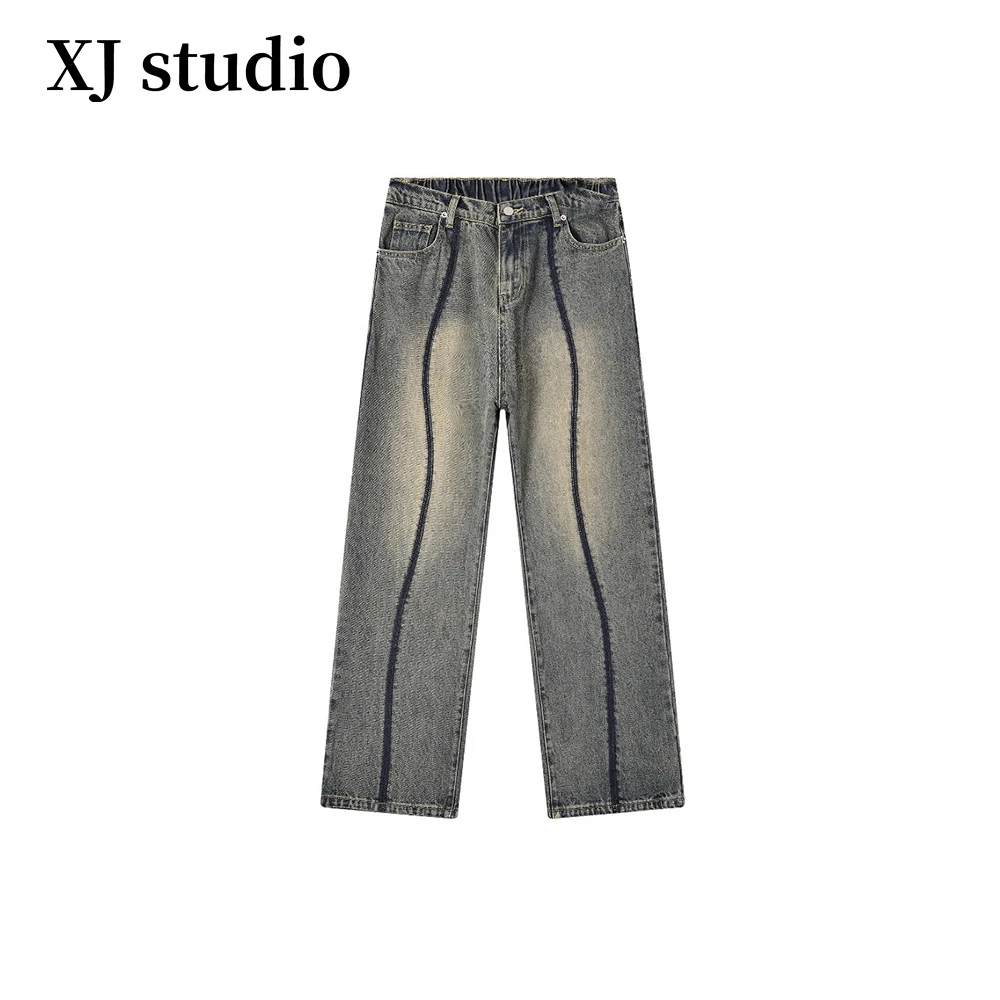 ASKISR美式复古弧形做旧设计感宽松直筒牛仔裤 男女同款-DY408