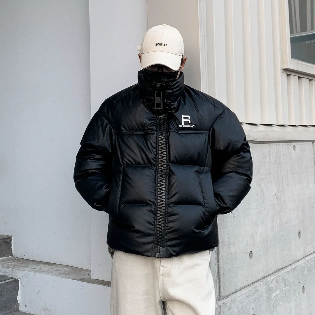 【高充绒 冬季90白鸭羽绒服】大锁拉链 字母刺绣立领加厚面包羽绒服