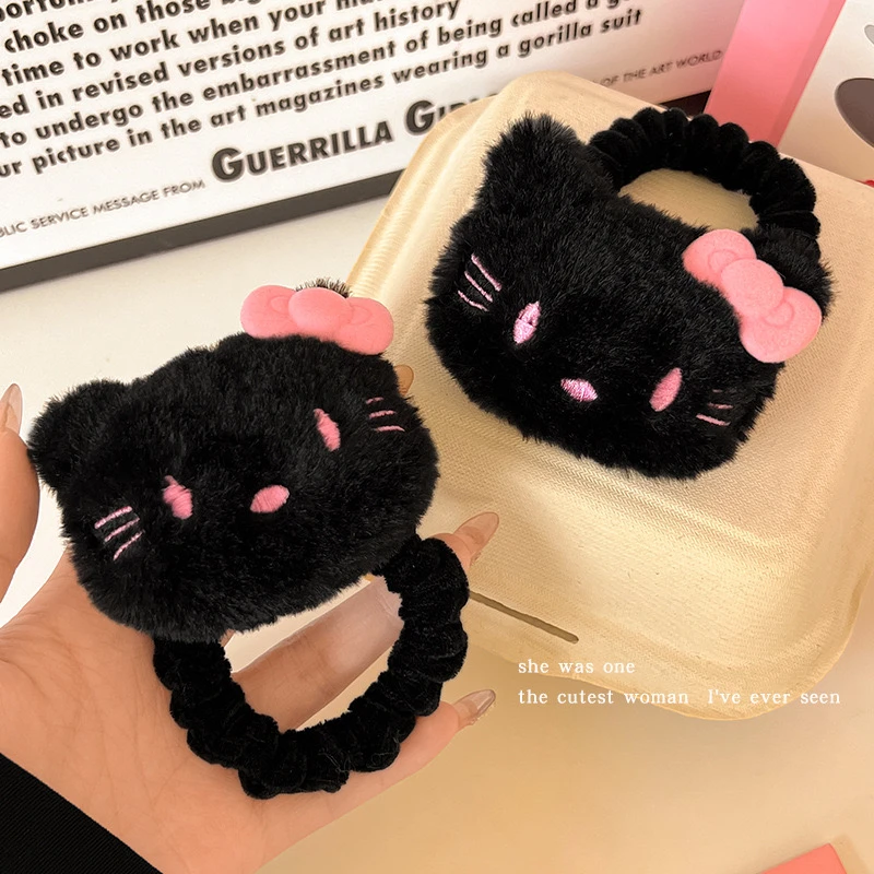 Black pink黑粉配色毛绒Kitty发圈发绳发饰甜美可爱粉色蝴蝶结