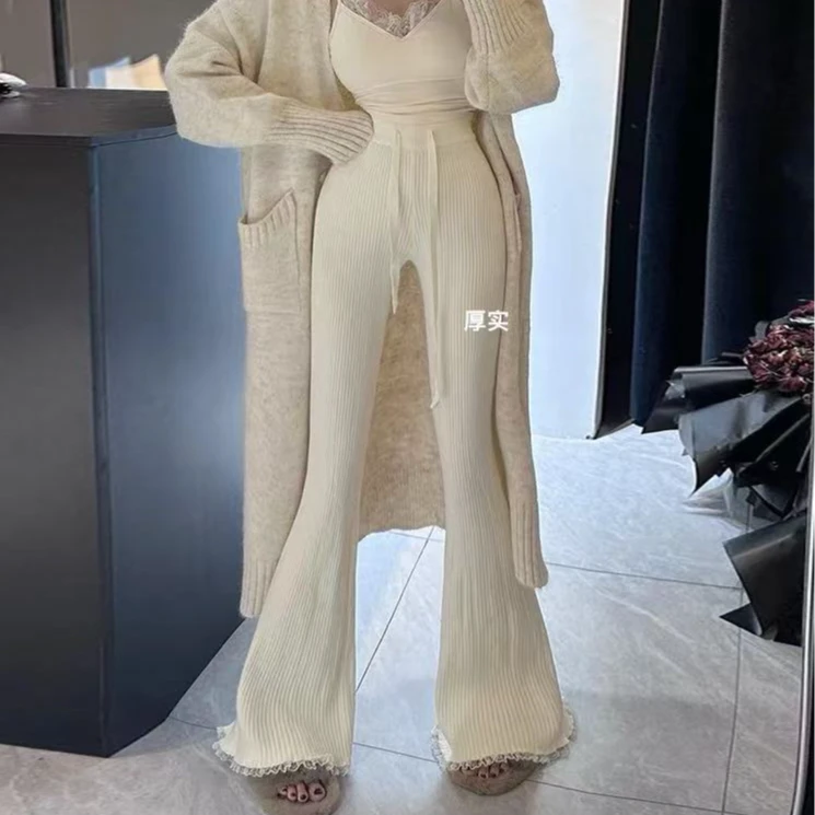 1009#气质蕾丝喇叭毛衣高腰裤 裤长105