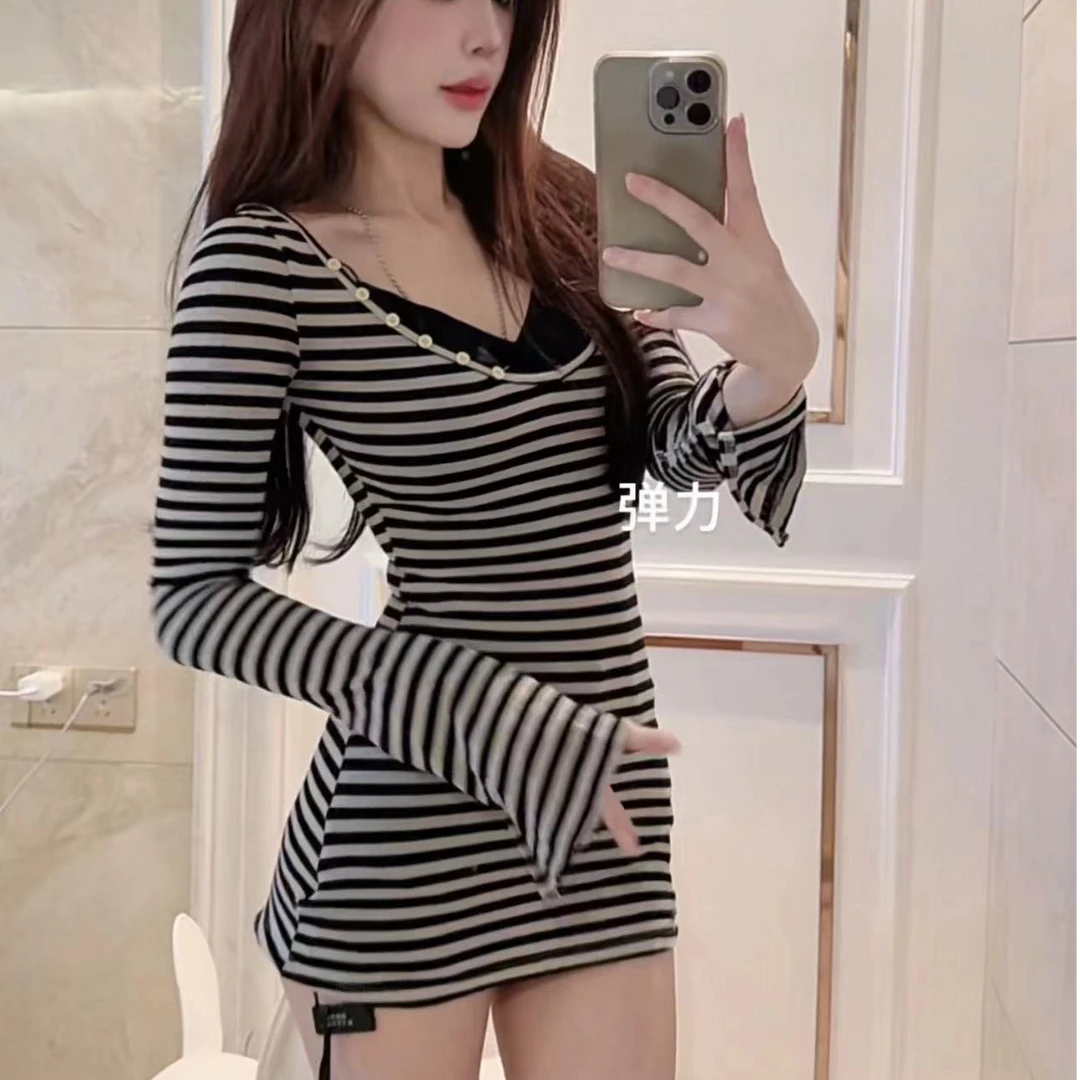 1123#咖色条纹紧身上衣