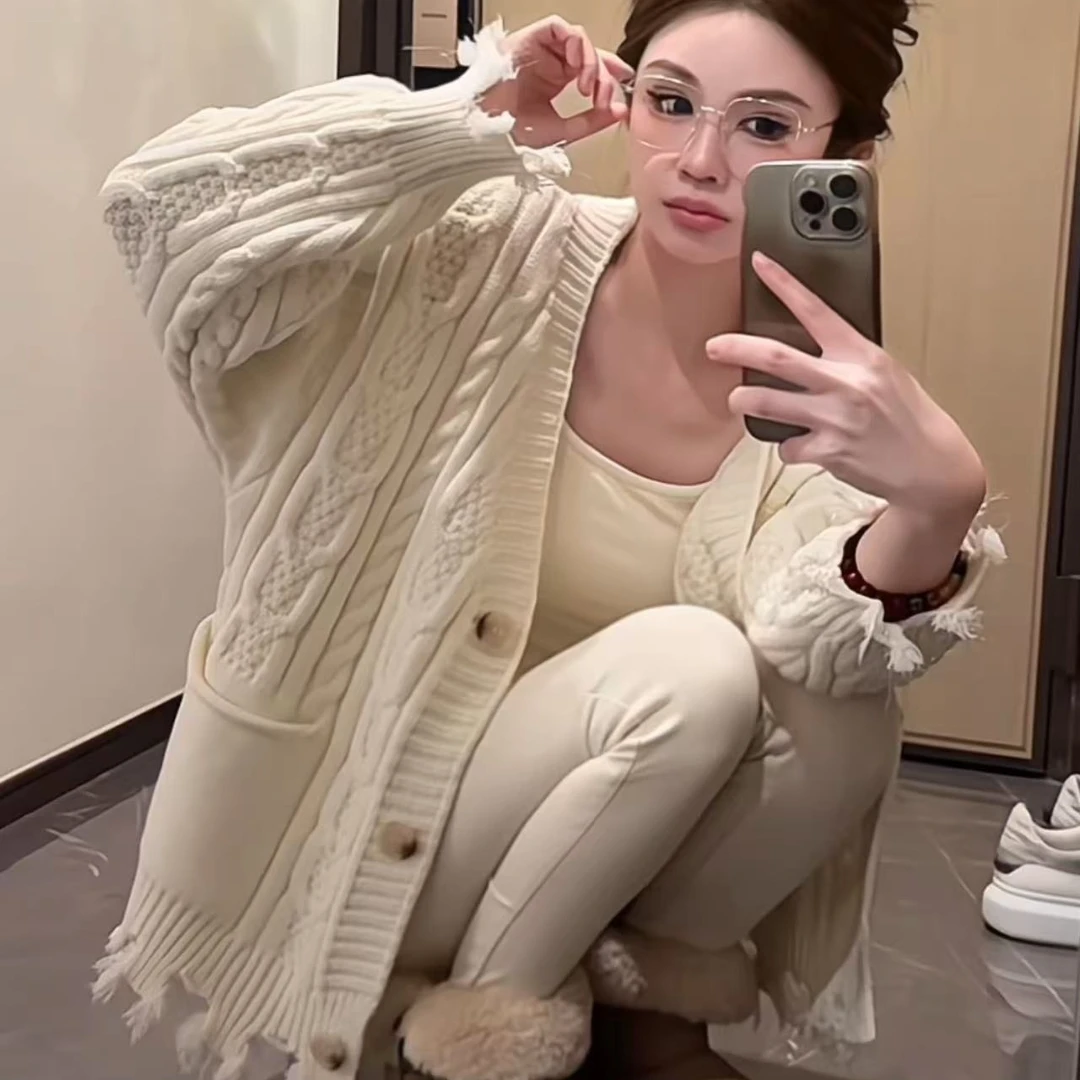 223#麻花流苏边毛衣外套