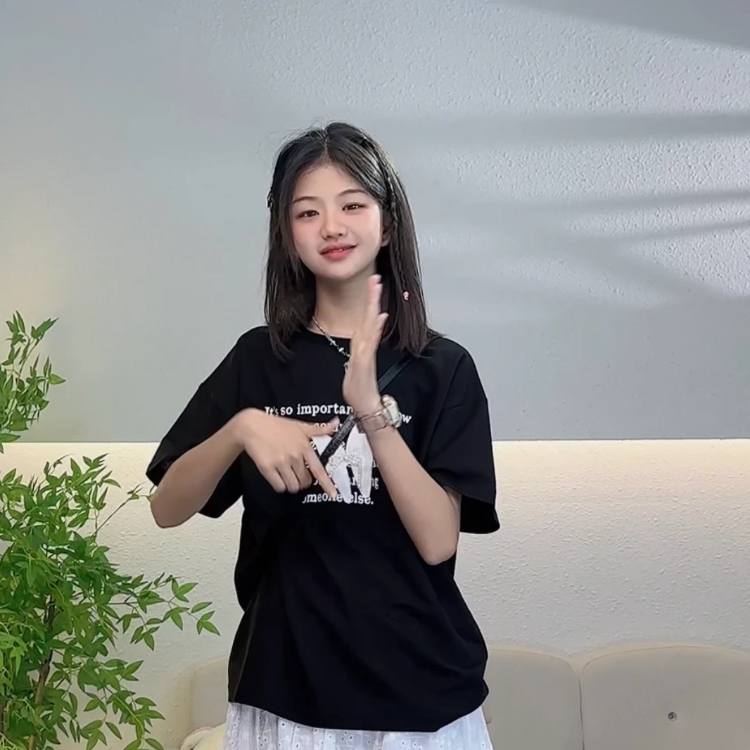 H2024夏季新款亲子宽松立体蝴蝶结字母印花短袖T恤249173