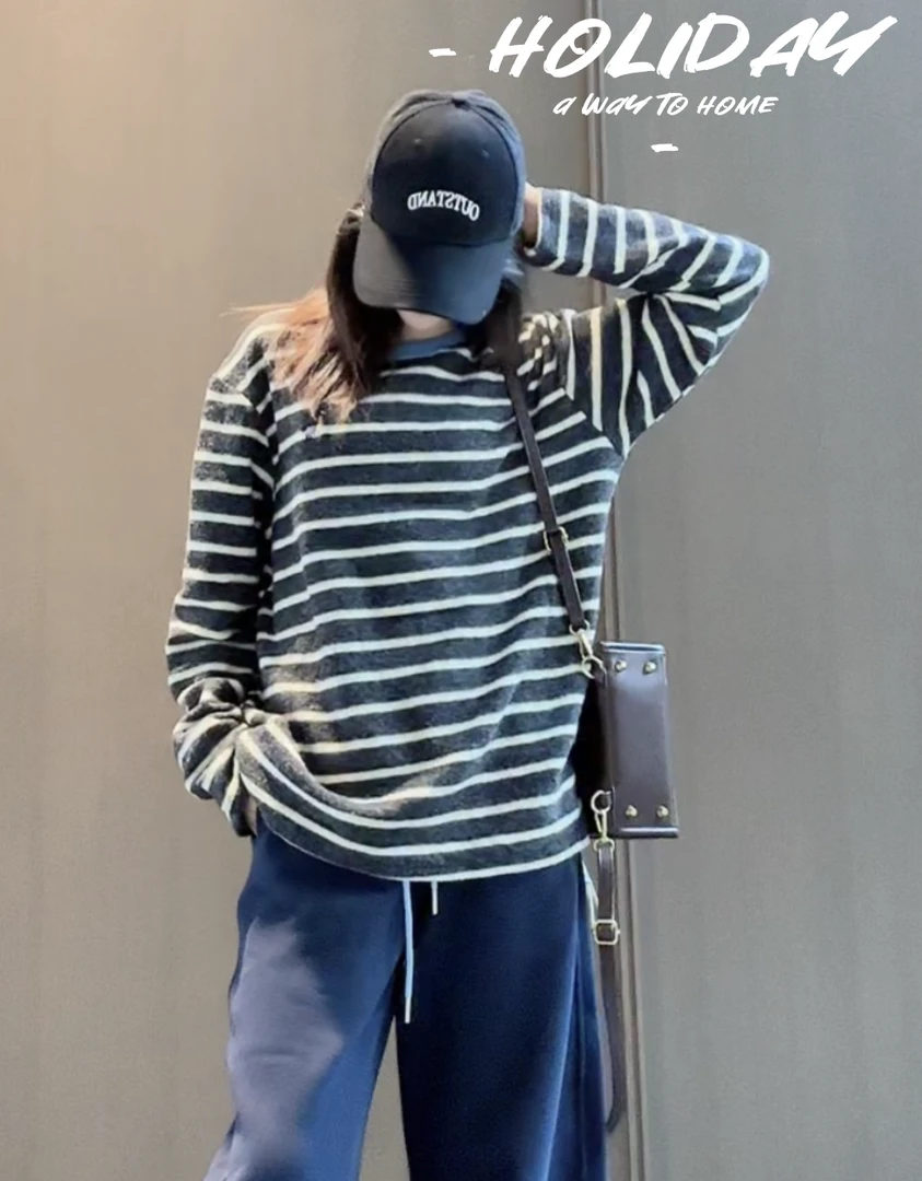 跳跳鱼童装   冬季软糯毛绒条纹长袖t恤宽松时尚内搭上衣269266