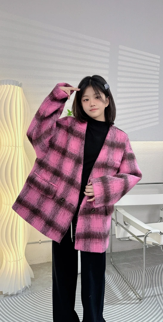 （年款）2024女童中长款秋冬加厚高级感毛呢格子西装百搭外套239467