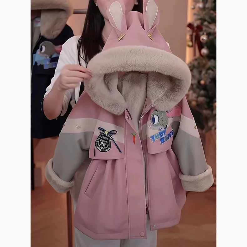 女童加绒加厚派克服2025冬季新款洋气儿童兔子警官秋冬冲锋衣外套