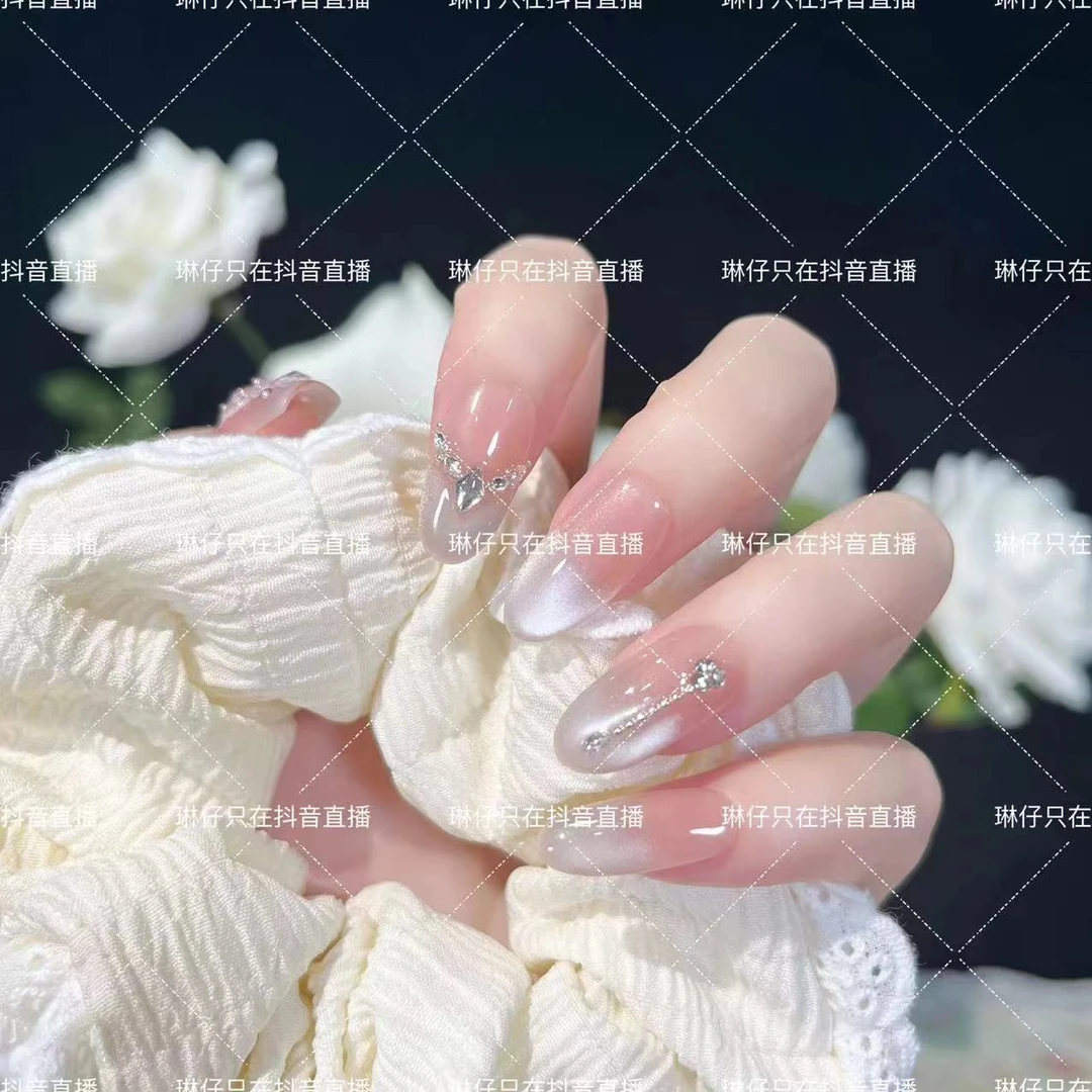 月光闪烁纯手工光疗美甲贴果冻贴片指甲穿戴甲简约梯形重复