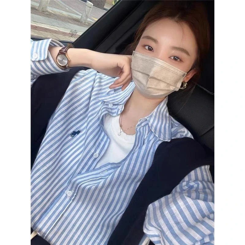 条纹衬衫外套女夏季气质外搭开衫薄款宽松长袖纯棉上衣防晒衬衣