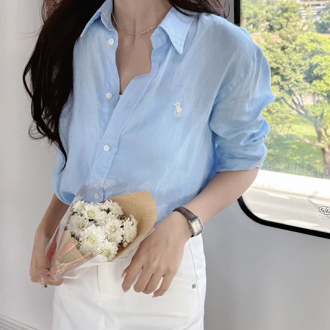 绣花衬衫棉麻衬衫百搭通勤浅蓝小清新夏季防晒宽松衬衫