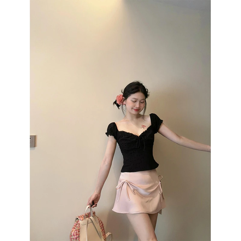 2024夏日甜美纯欲风提花修身木耳边短款上衣粉色蝴蝶结系带半身裙