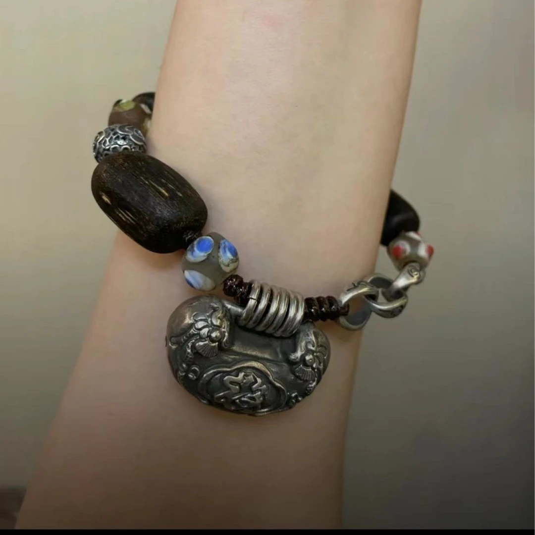 925银木质手链 老宝贝~925银木质复古手链做旧