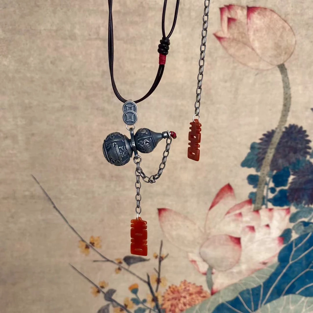 吊坠足银布艺 足银錾刻工艺老银项链（红喜葫芦）247