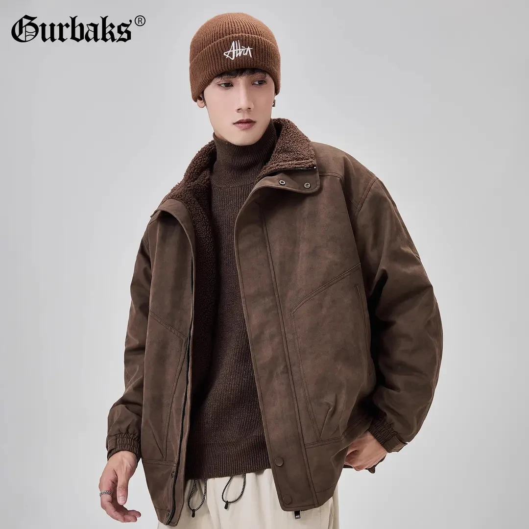 冬季新款加绒加厚立领工装夹克复古宽松男休闲保暖羊羔绒棉衣外套