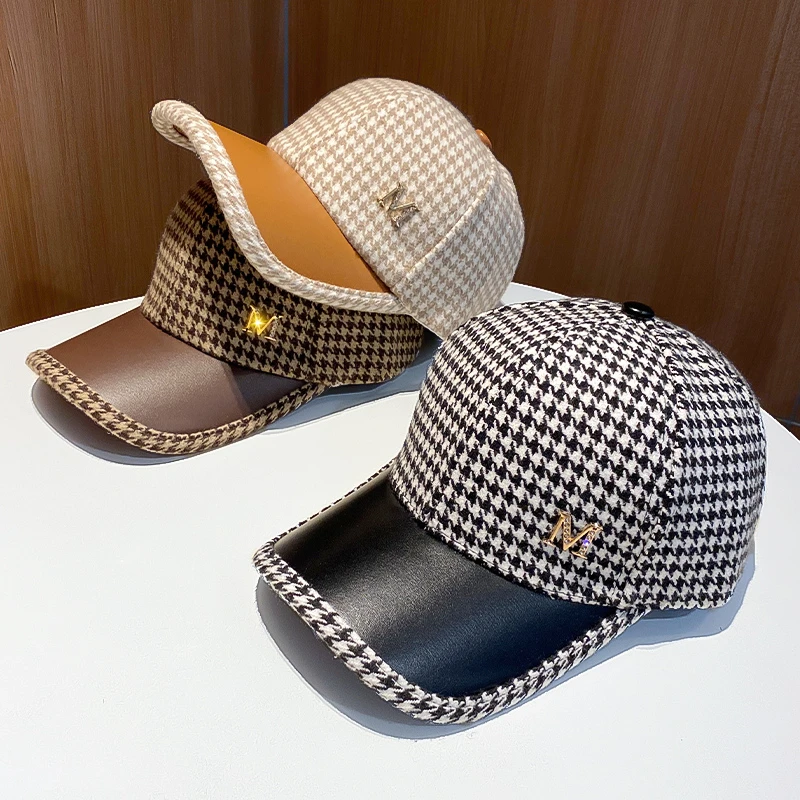 冬季毛呢时尚保暖英伦复古千鸟格休闲百搭弯檐鸭舌帽子女潮棒球帽