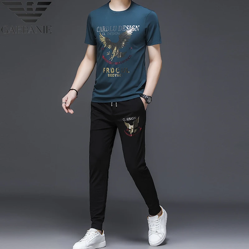 男士轻奢时尚百搭夏季运动套装休闲薄款印花圆领韩版中青年潮流