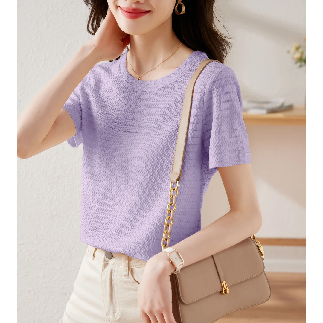2024夏季新款高级感圆领短袖T恤女时尚洋气小衫薄款休闲百搭上衣